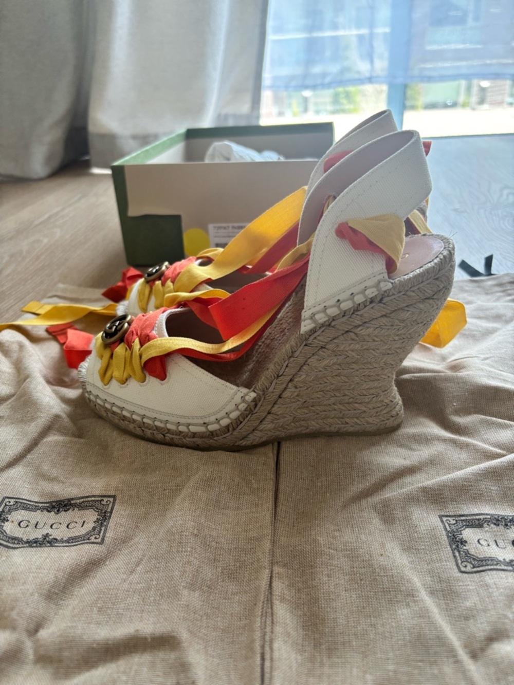Gucci Yellow and Orange Ribbon Espadrille Wedges with GG Hardware - Picture 7 of 14
